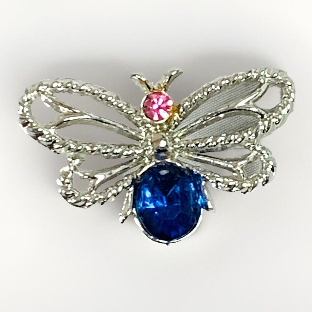 Vtg Rhinestone Bumblebee Butterfly Brooch Pin Blue and Pink Silver Tone Metal